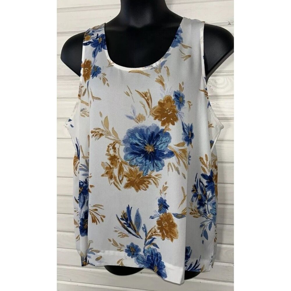 Maurices Sz PLUS 2X Blue Floral Scoop Neck Tank Blouse Woven Pullover EUC